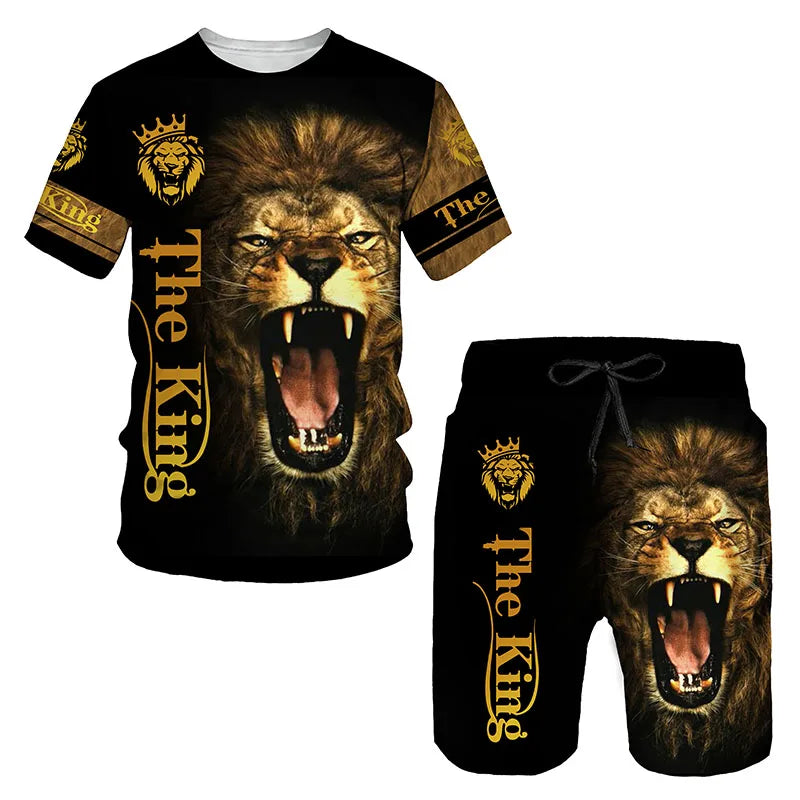 Ferocious Lion Summer Tracksuit Set 3D Printed Casual Men's T-shirt Shorts Male Sportswear Short Sleeve 2 Pieces Clothing Outfit