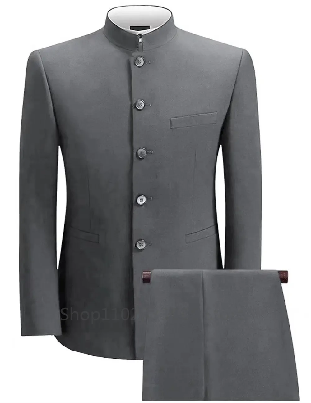 Formal Men's Business 2 Pieces Blazer + Pants Stand Lapel Men's Jacket Flat Suit Slim Fit Coat Groomsmen Party