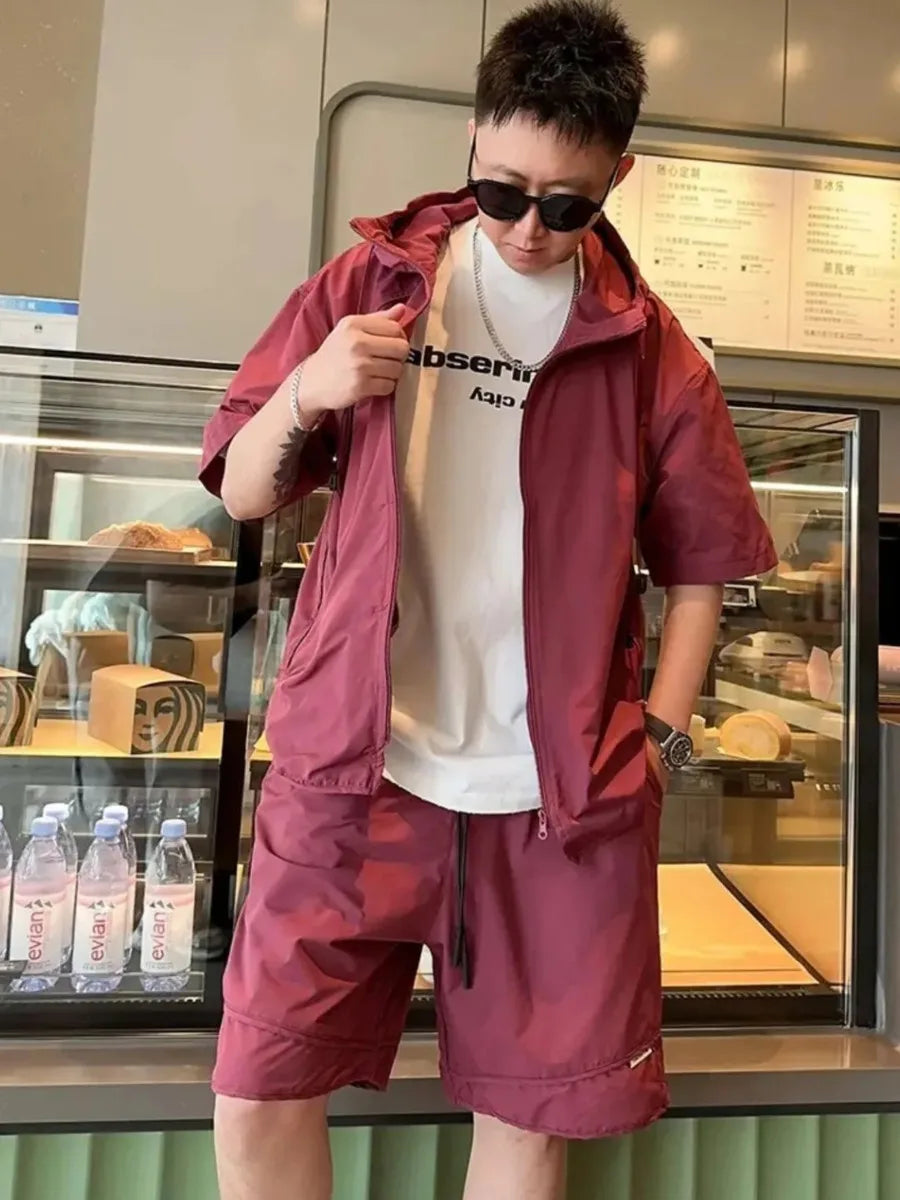 Summer Men Tracksuit Chic Hooded Quick Drying Set Short Sleeve Shorts Casual Zip Shirt  Loose Two Piece Set