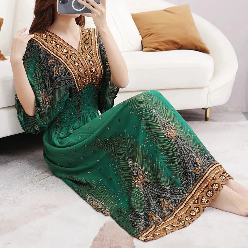 Colorful Flower V-neck Elastic Youthful Bohemian Sweet Midi Dress Woman Clothes Chic Fashion Summer Dresses