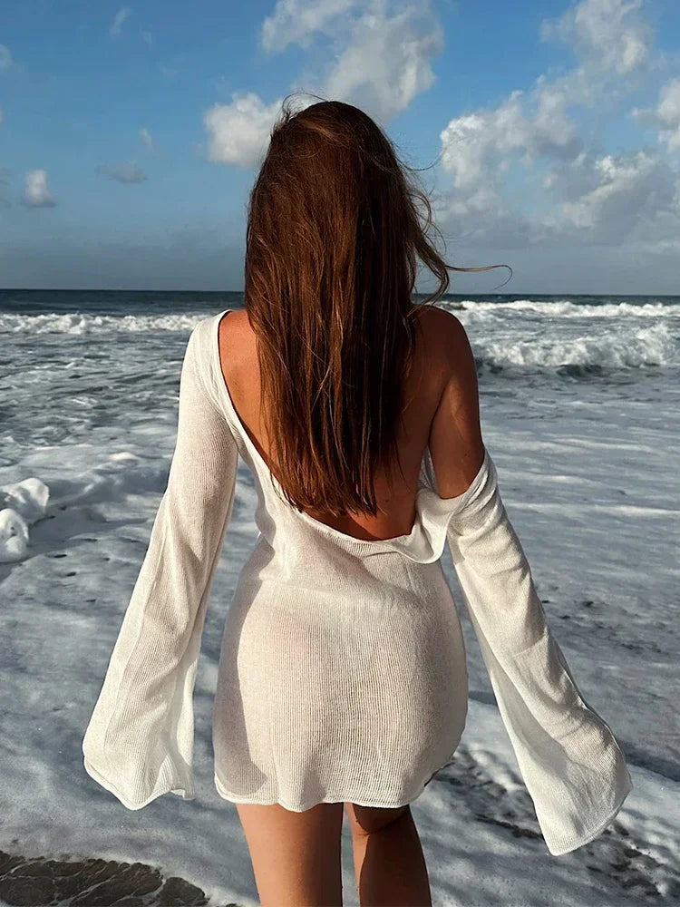 Summer Seaside Women's Solid Knit Mini Dress Cover Up Backless Bell Sleeve See Through Short Dress Beach Swimsuit Cover Up