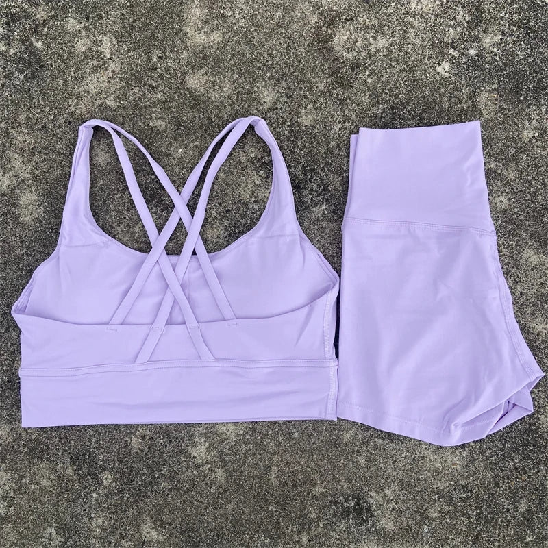 Yoga Clothes 2 Piece Gym Sports Shorts Set Women Cross Back Bra Top High Waist Shorts Fitness Suit Running Workout Tracksuit