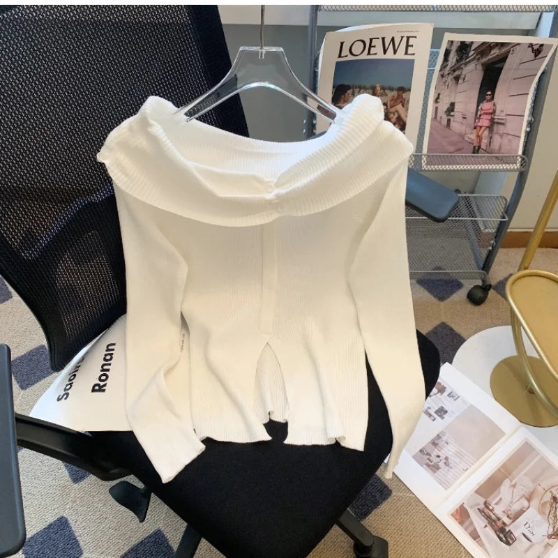 Striped Off Shoulder Knitted Top Casual Ruched Long Sleeve Split Sweater For Spring & Fall, Women's Clothing