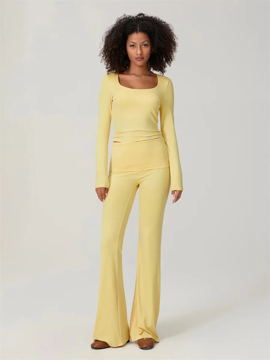 Elegant Women's Solid Color Two-Piece Set with Square Neck Long Sleeve Top and  Fit Long Pants for Stylish Loungewear