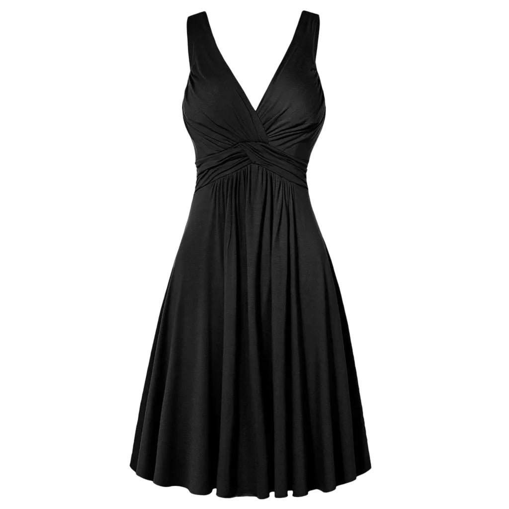 Women Solid Color Deep V-Neck Lady Retro Backless Sling Pleated Dress Wide Band Strap Flare Skirt