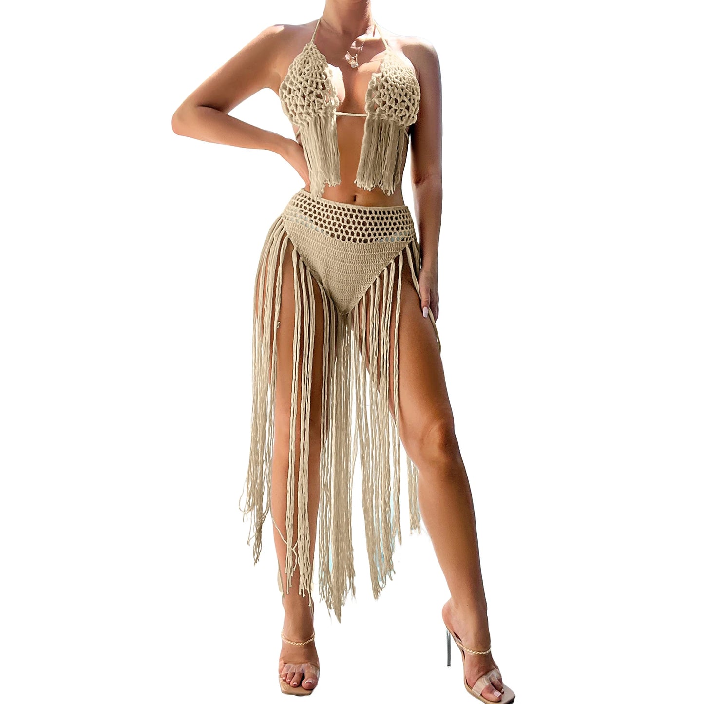 Crochet Halter top  High Waist Bikini Bottom Set Beachwear Swimsuit