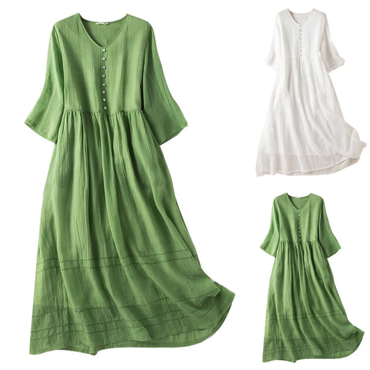 Summer Simple Plain Color V-neck Beach Midi Dress Women's Elegant Comfy Breathable Dresses Casual Sundress