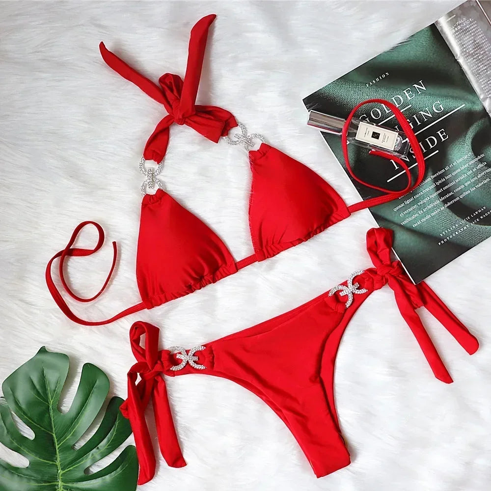 Luxury Rhinestones Bikini Women Solid Color Bandage Cross Diamond Thong Beach Bathing Suit