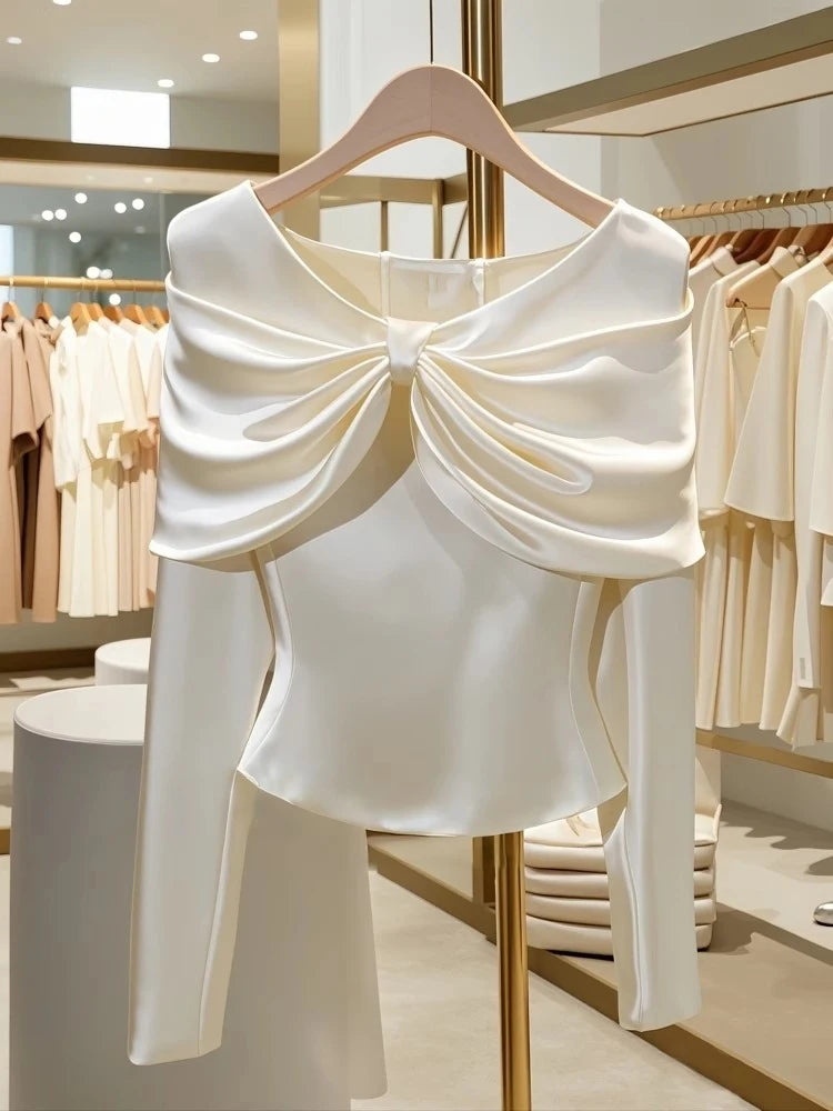 Elegant Ruffled Ruched Slim Waist Top  Long Sleeve Casual