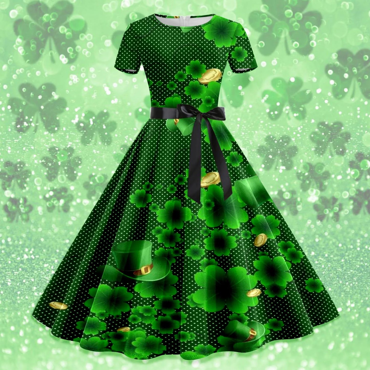 Shamrock Print Women St. Patrick's Day Dress Large Swing Short Sleeve A Line  Dress