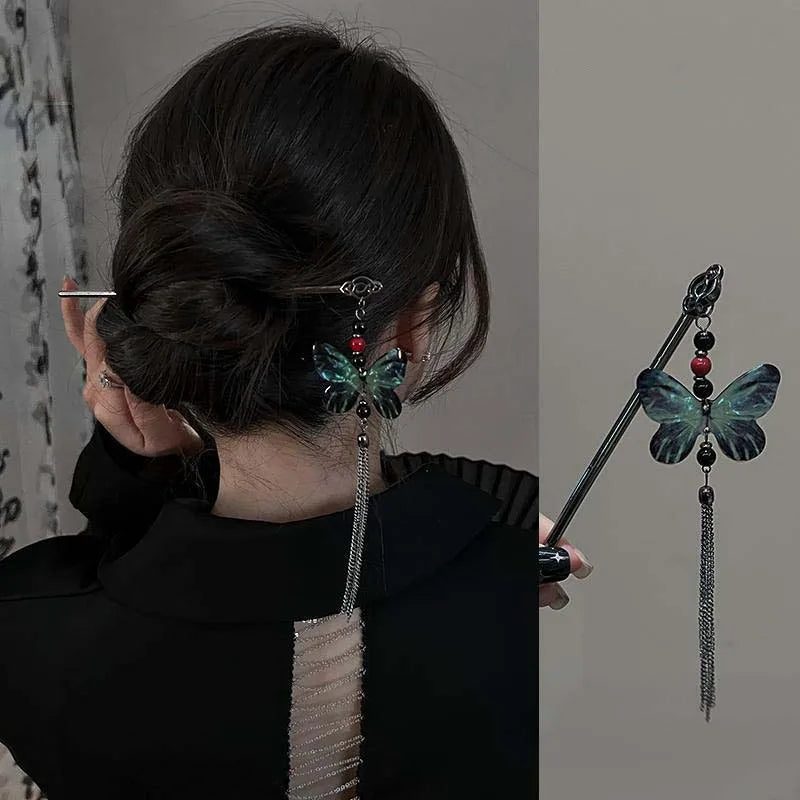 Chinese Style Butterfly Flower Tassel Hair Stick for Women Vintage Metal Chopstick Hair Sticks Hair Accessories