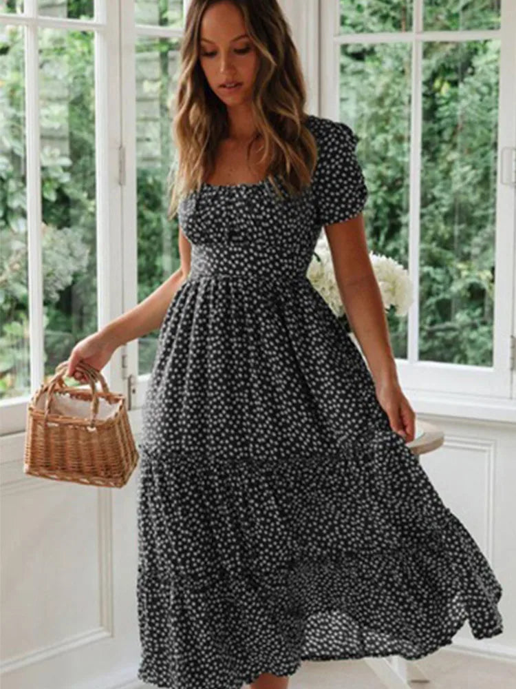 Vintage Print Puff Sleeve summer Beach sweet dresses Casual Square collar floral maxi long dress