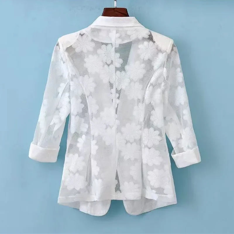 Women Blazer Jacket Thin Cardigan Sun Protection Clothing Hollow Lace Three-quarter Sleeve Suit Top Ladies