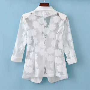Women Blazer Jacket Thin Cardigan Sun Protection Clothing Hollow Lace Three-quarter Sleeve Suit Top Ladies