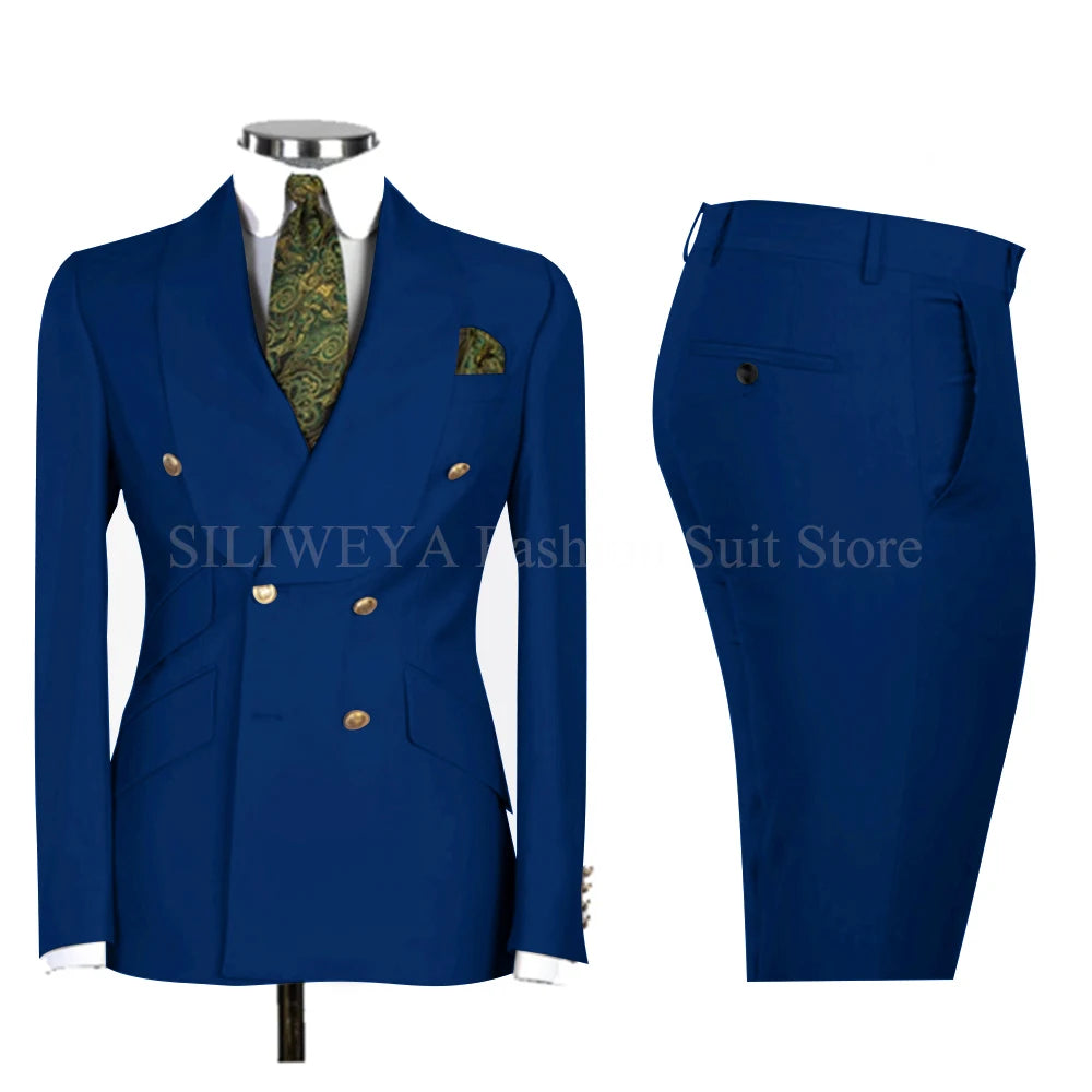Gold Men Business Casual Men's Suits Jacket Pants Set Male Blazer Coat Pants 2PCS Slim Fit Suits