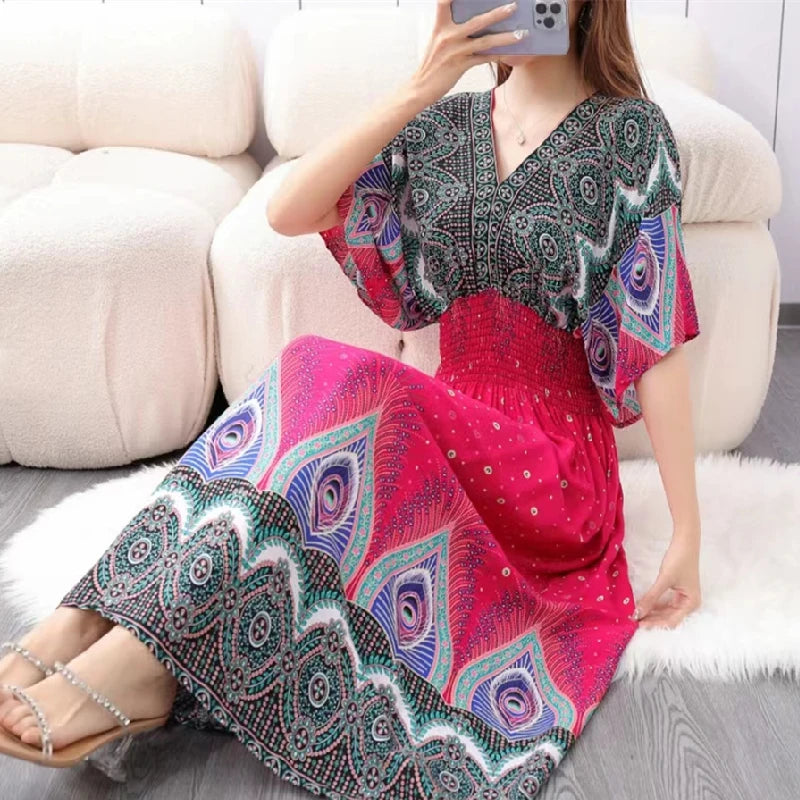 Colorful Flower V-neck Elastic Youthful Bohemian Sweet Midi Dress Woman Clothes Chic Fashion Summer Dresses