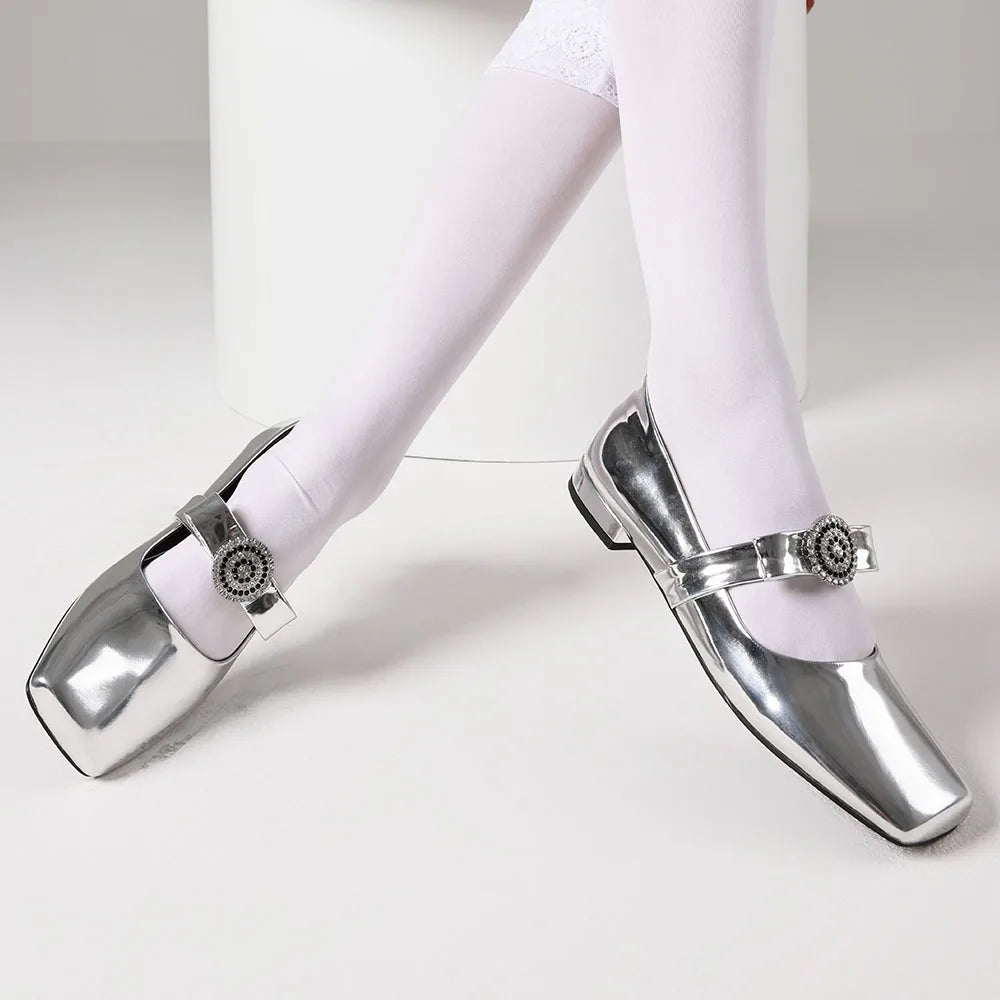 Rhinestone Mary Janes Flats For Women Low Heel Square Toe Shallow Shoes
