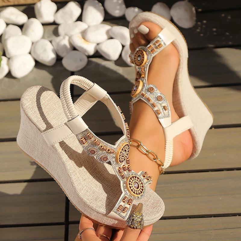 Bohemian Style Wedge Heel Sandals for Women  Summer Thick Sole Beach Shoes Woman Fashion String Beads Platform Sandals