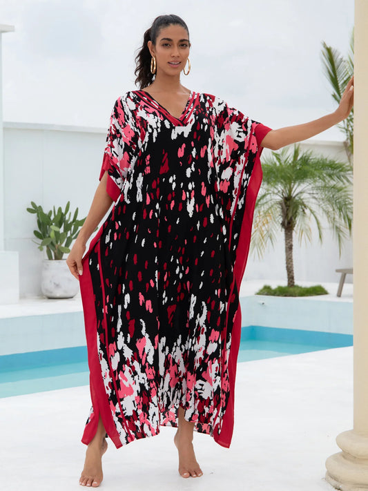 Black Red Print Women  Loose Fitting Long Robe Beach Vacation V-neck Sunscreen Clothing Kaftan