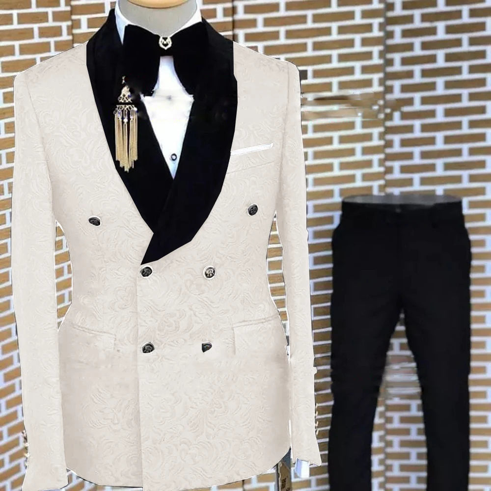 Gray Formal Suit for Men Floral Jacket Pants 2 Piece Set Tuxedo Elegant Men's Suit Handsome Blazer