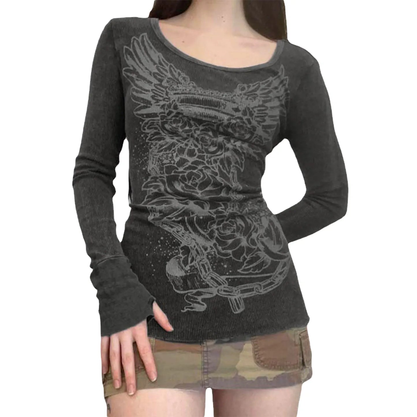Graphic T Shirt Vintage Fairy Grunge Floral Wings Print Long Sleeve Tops  Women Clothes Basic