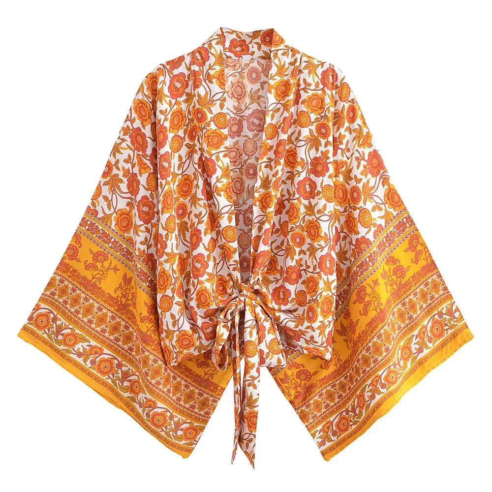 Hippie Queens Floral Print Sashes Short  Kimono Women Fashion V Neck Batwing Sleeves Lady Boho Bikini Cover-ups