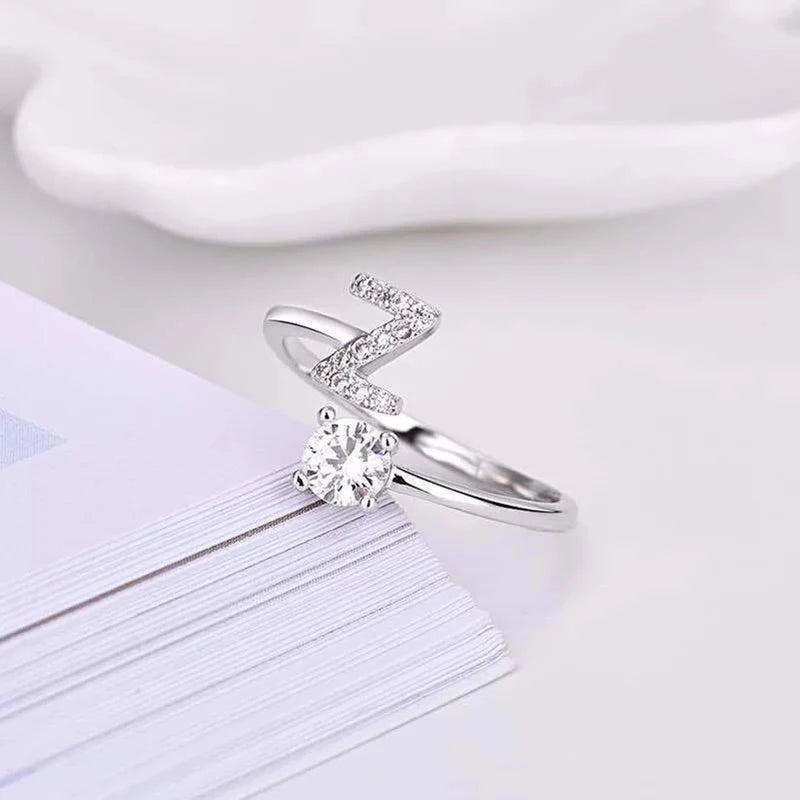 Shining Rhinestone 26 Letters Adjustable Rings  Initial A-Z Alphabet Opening Ring