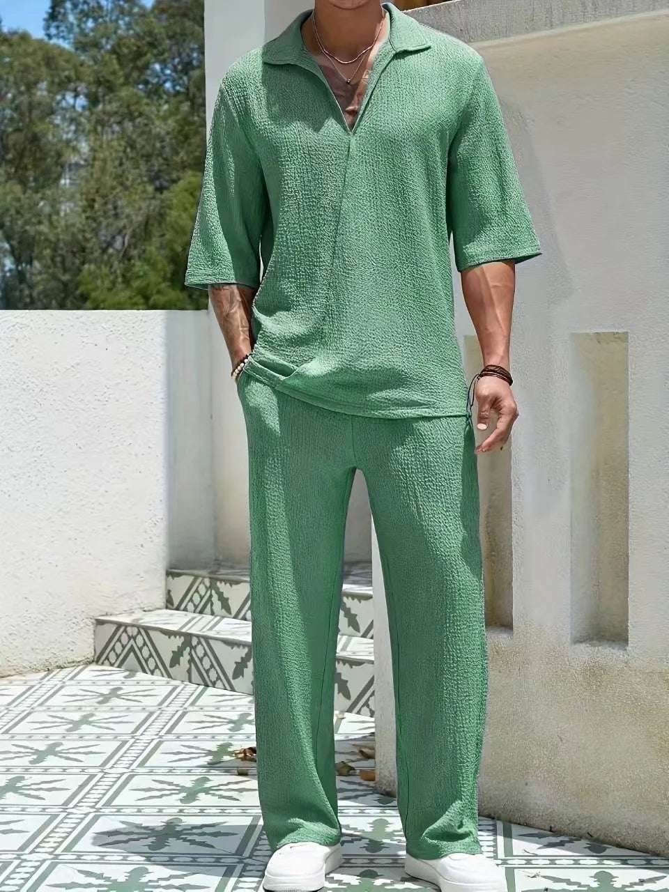 Spring new men's suit-collar commuter casual shirt Fashion retro high-quality solid color half-sleeve pants two-piece set