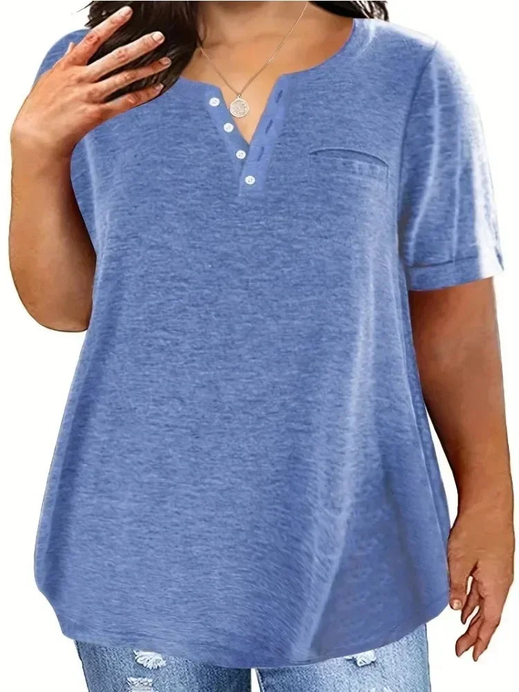 Plus Size 1XL-8XL Women's Loose Tops Ladies Casual V-neck Short Sleeve Pocket T-shirt Spring and Summer Style
