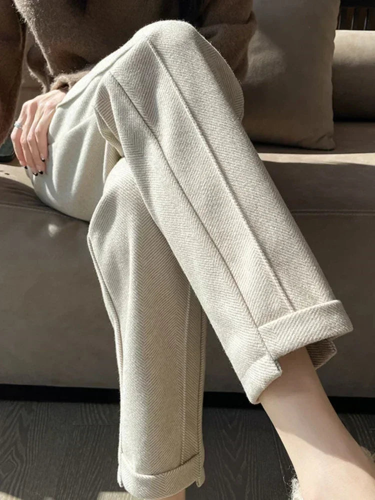 High-waisted Tweed Straight Pants Loose Casual Herringbone  Cropped Trousers