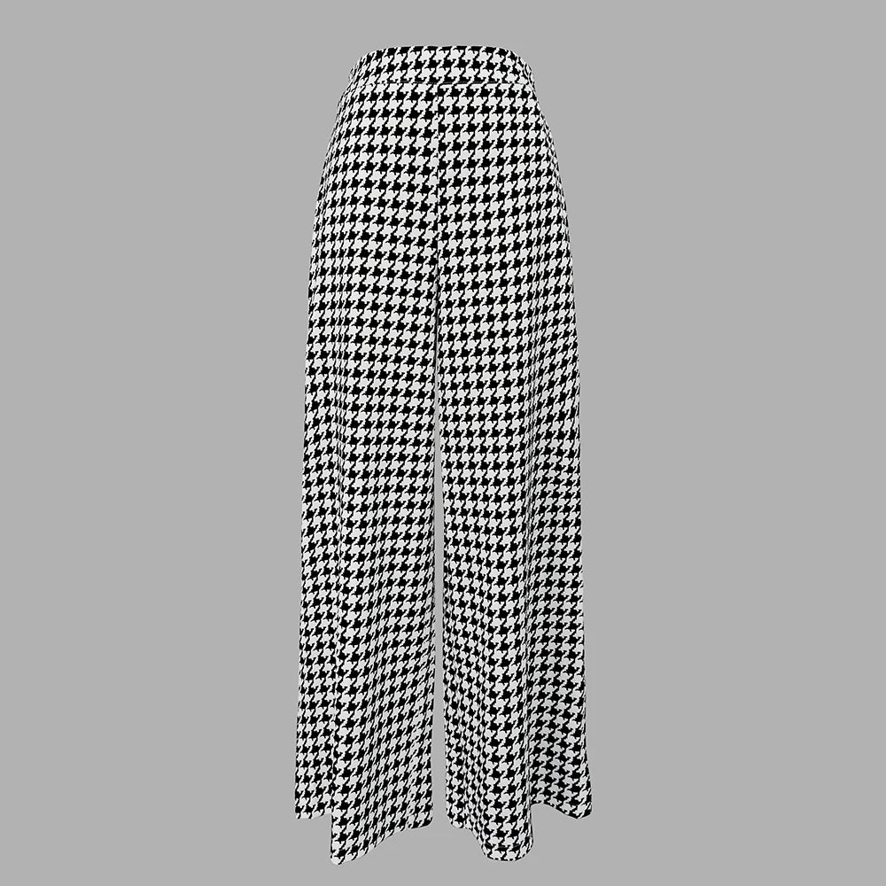 Trendy Clothing  Houndstooth Long Pants High Waisted Loose Wide Leg Woman Plaid Trousers