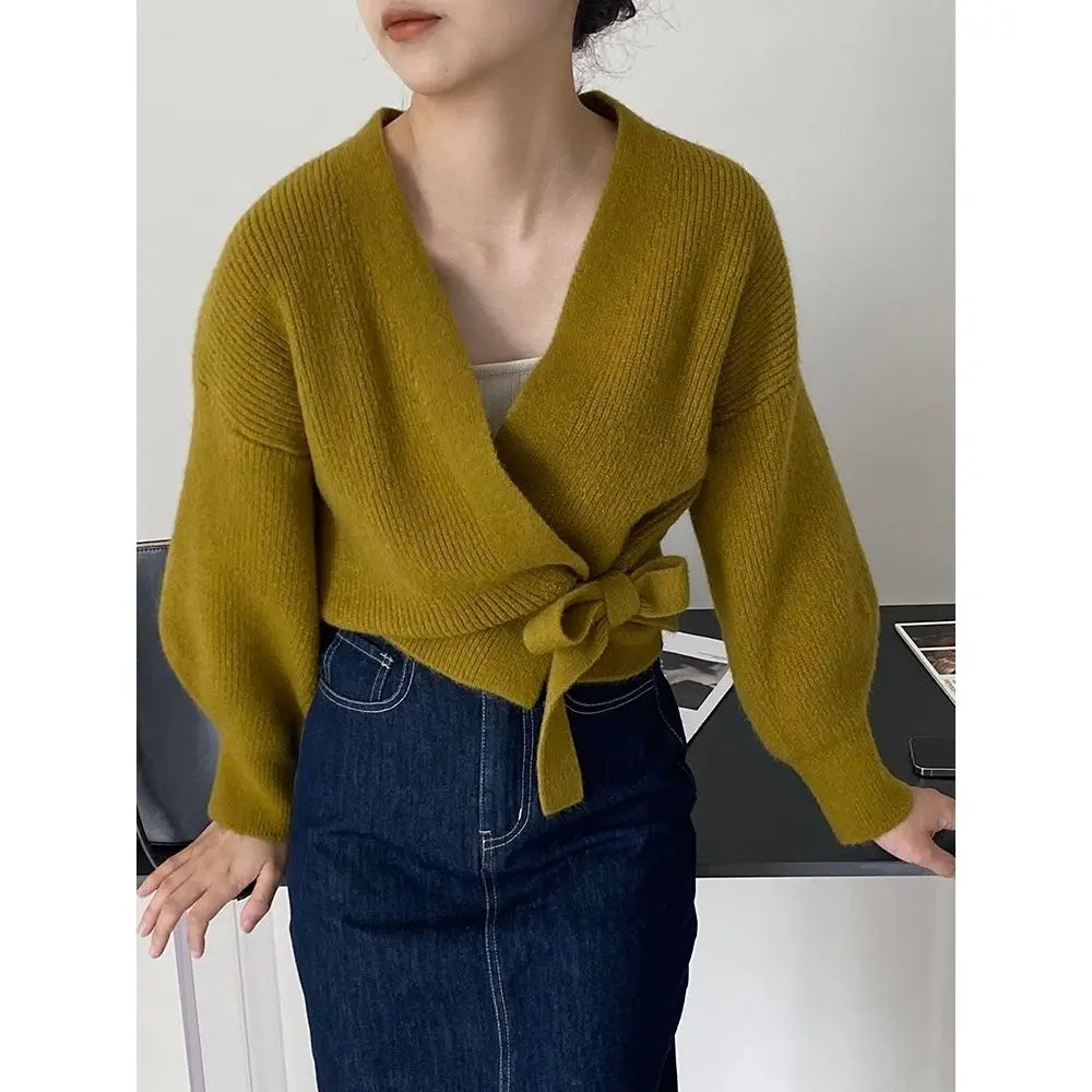 Bow Tie V-Neck Knit Women's Short High Waist Cardigan Sweater Coat Overlay Design Sense Top