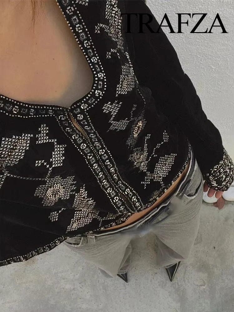 Women's Vintage Velvet Embroidered Jackets For Casual Long Sleeves Hidden Button Round Neck Elegant Outerwear