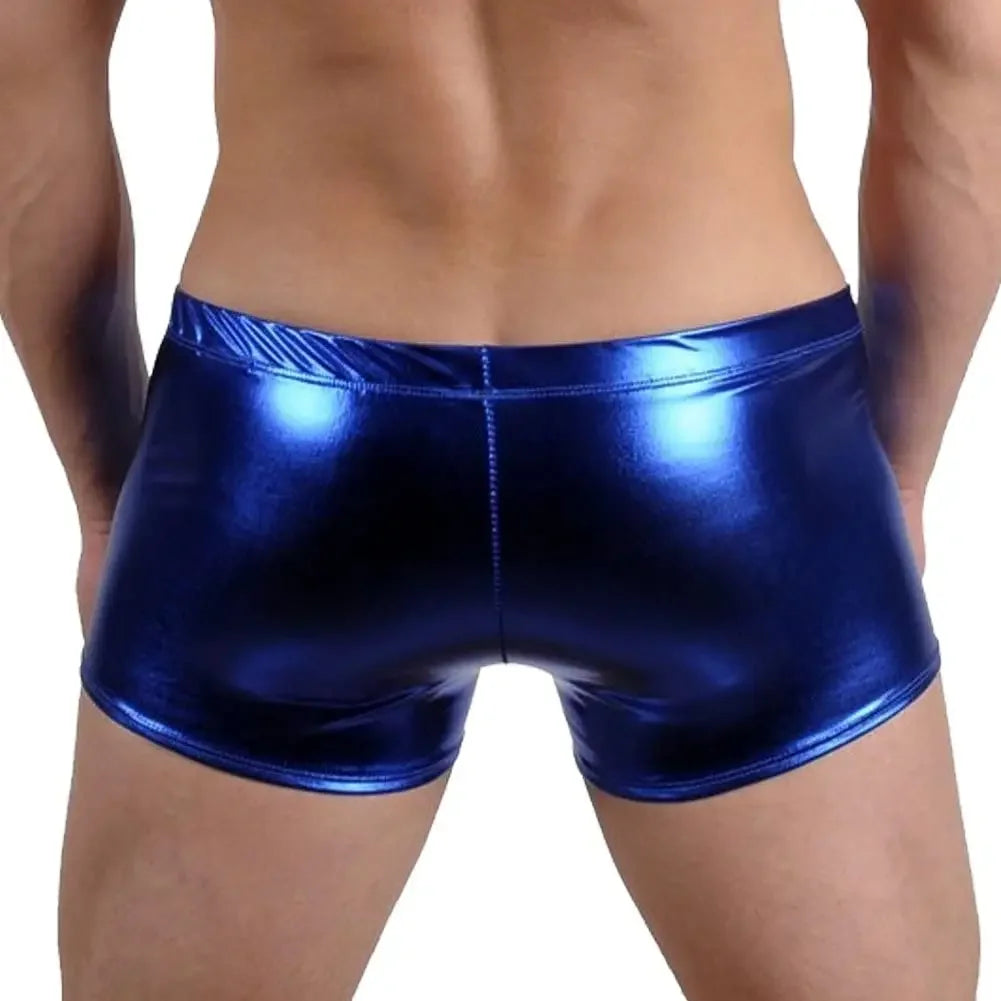 PU Leather Swimwear Mens Metallic Shiny Underpant Swim Boxers Beach Shorts Lace Up Underwear Bikinis Swimsuits Swimming Trunks