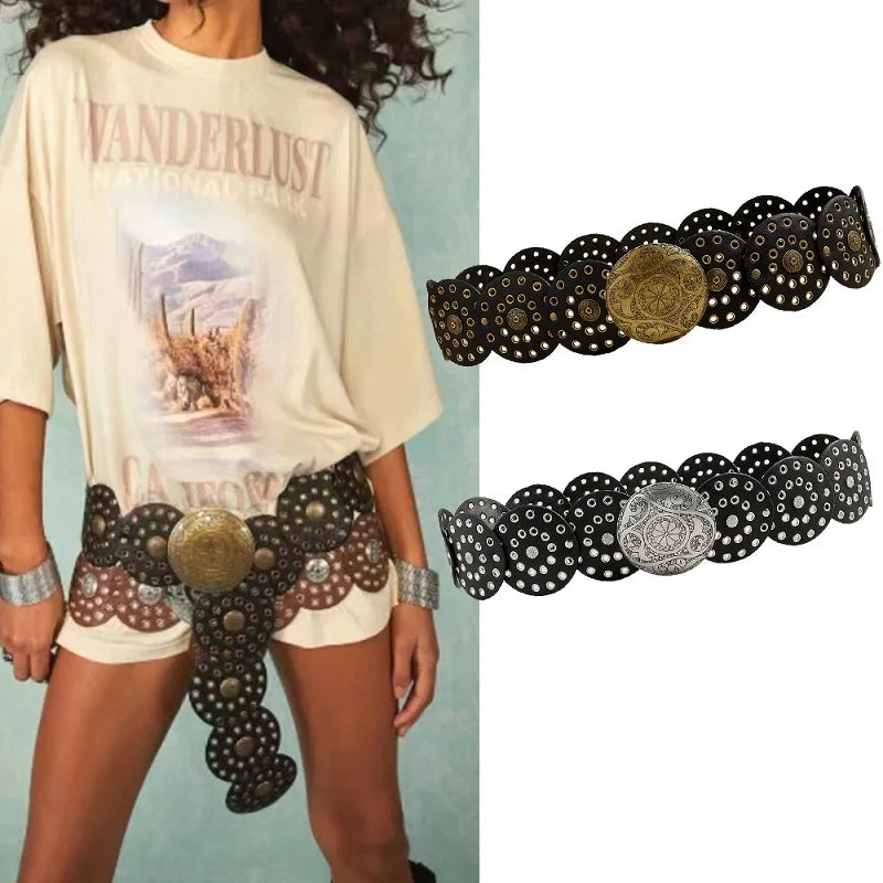 Women's Western Denim Belt High Quality Metal Hollow Ladies Trend Wide Waistband Vintage Personalized Round Belts