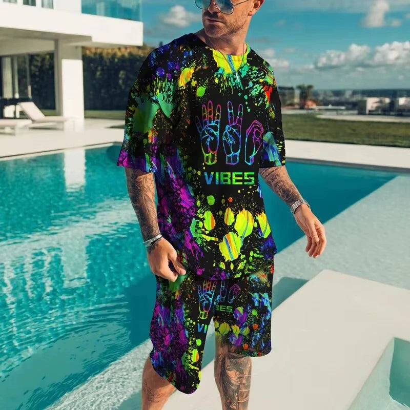 Fashionable men's sportswear summer beach short sleeved 3D printed shirt set street wear T-shirt shorts men's loose size clothes