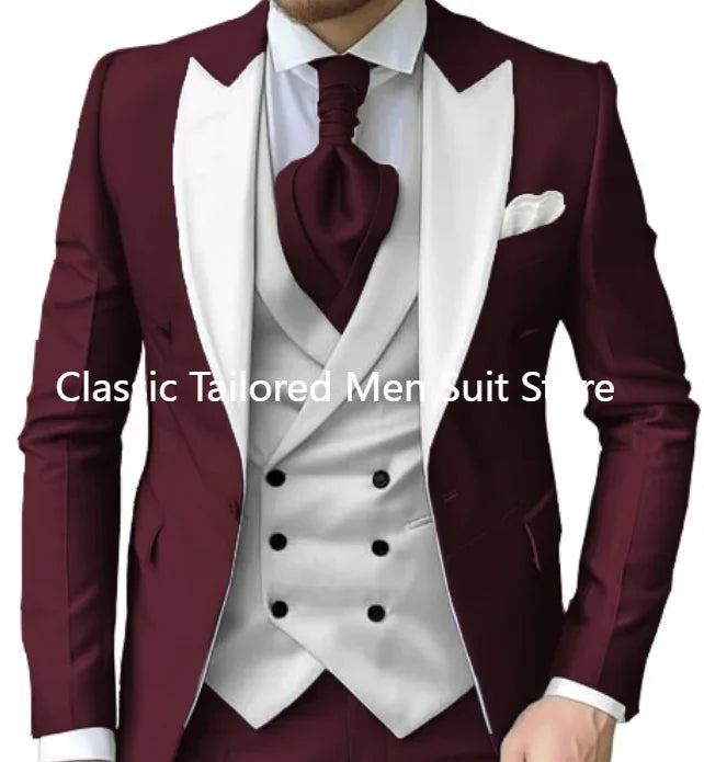 Elegant Wedding 3 Piece Jacket Pants Vest Full Set Luxury Single Breasted Peak Lapel  Male Clothing Men's Suits Blazer