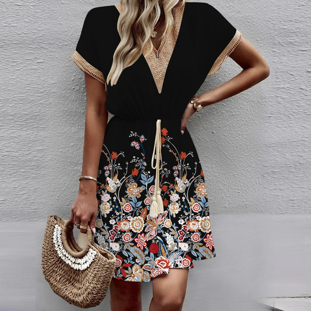 European and American  Printed Bat Sleeves Lace V-Neck Waist Wrap Short Sleeve Medium Length Dress