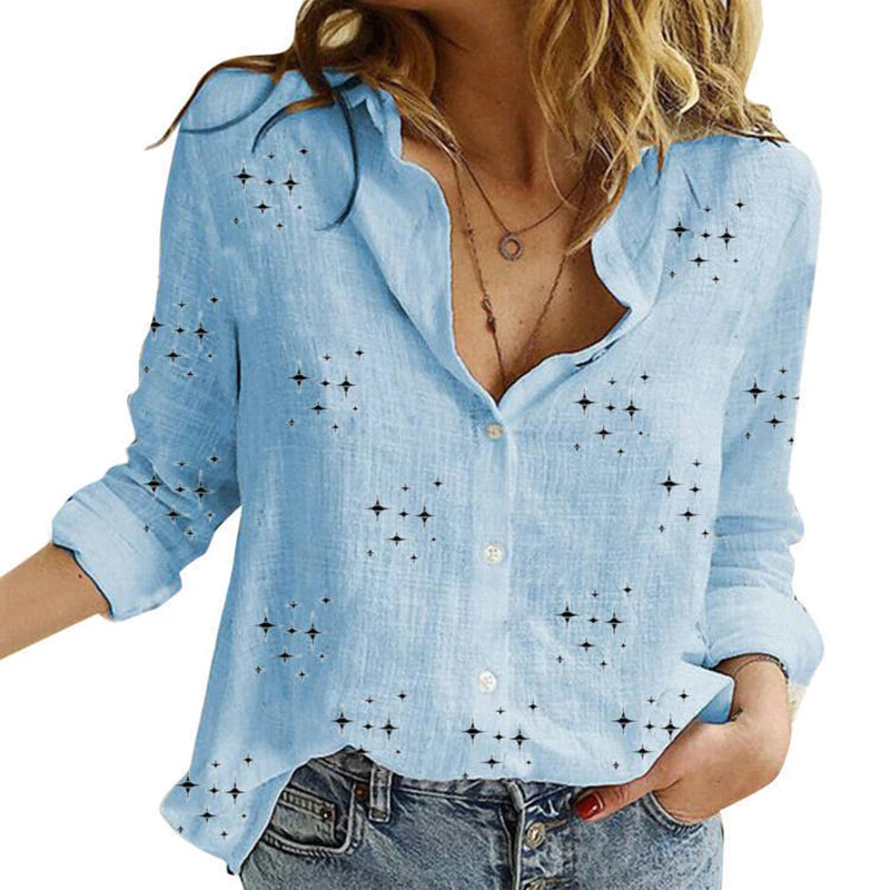 Elegant Cotton Linen Shirts Women Casual Solid Button Lapel Blouses Shirts  Long Sleeve Loose Tops