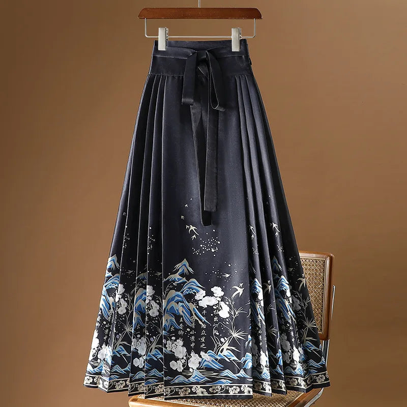 Vintage Maxi Chinese Style Horse Face Skirts  Pleated