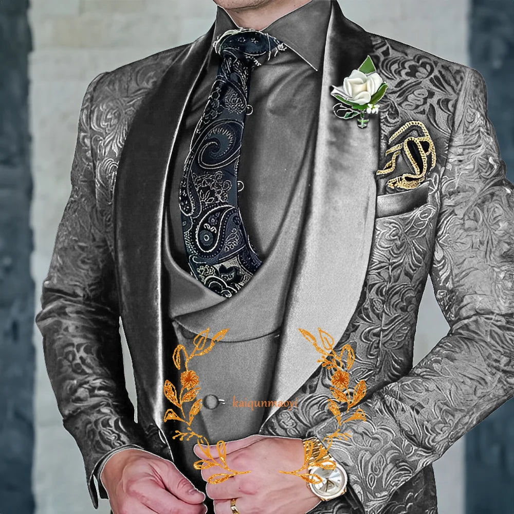 Jacquard Elegant Men's 3 Piece Suit Set Wedding Groom Tuxedo Jacket Pants Vest Formal Party Dress