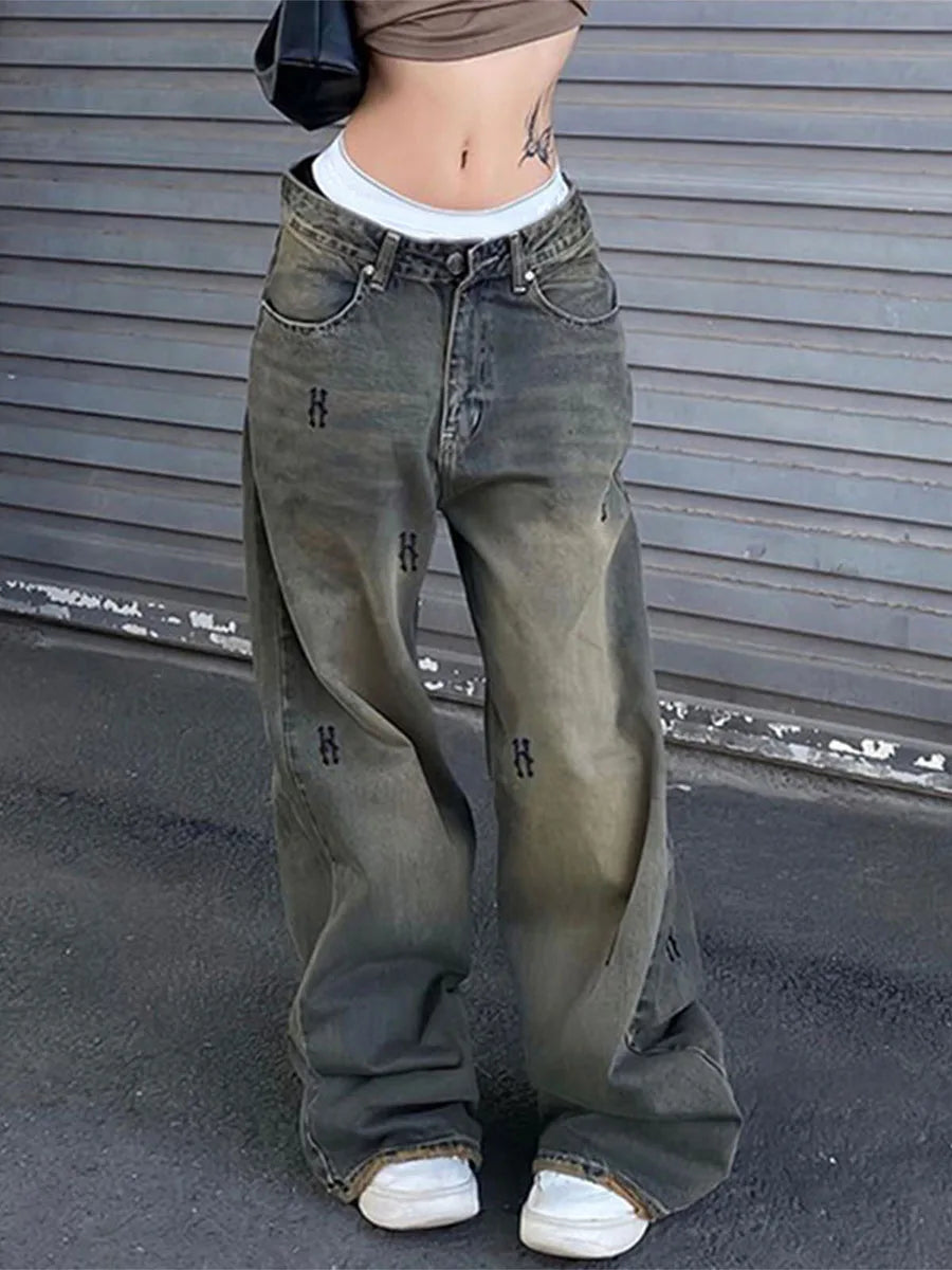 Women s Spring Summer Casual Denim Pants Retro Letter Print Wide Leg Jeans with Pockets