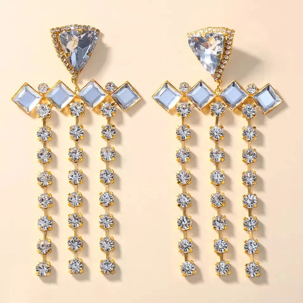 Fashion Crystal Tassel Earrings  Exaggerate Rhinestone Long Drop Earrings