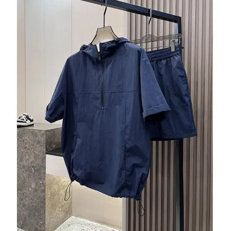 Summer Cargo Hooded Tracksuit Short Sleeve T-shirt Zipped and Shorts Outfits Quick Drying Solid Casual Outdoor Sport Clothes Set
