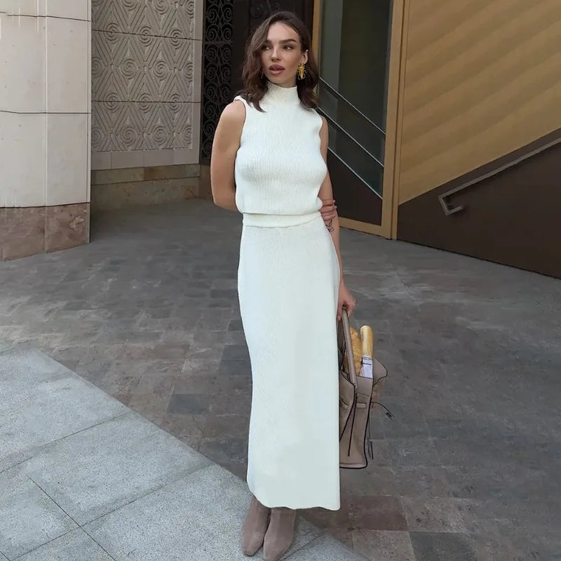 Elegant Long Skirt Two-piece Set Women's Sleeveless Knitted Turtleneck Vest and Skirt Set