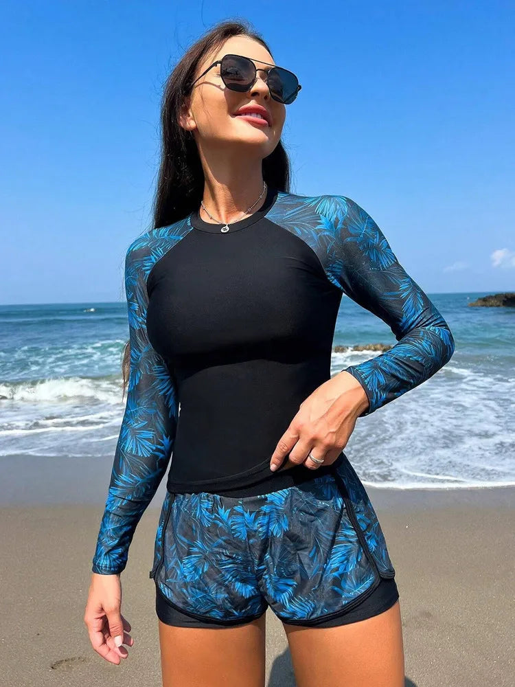 Long Sleeve Swimsuit Women Surfing Suit Monokini Print Two-Piece Swimwear  Woman Rash Guard Beach Wear Bating Suit Bikini