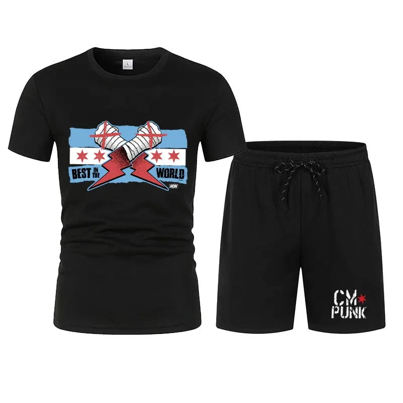 Men's black CM return punk T-shirt shorts suit summer short-sleeved men fashion comfortable loose clothing suit