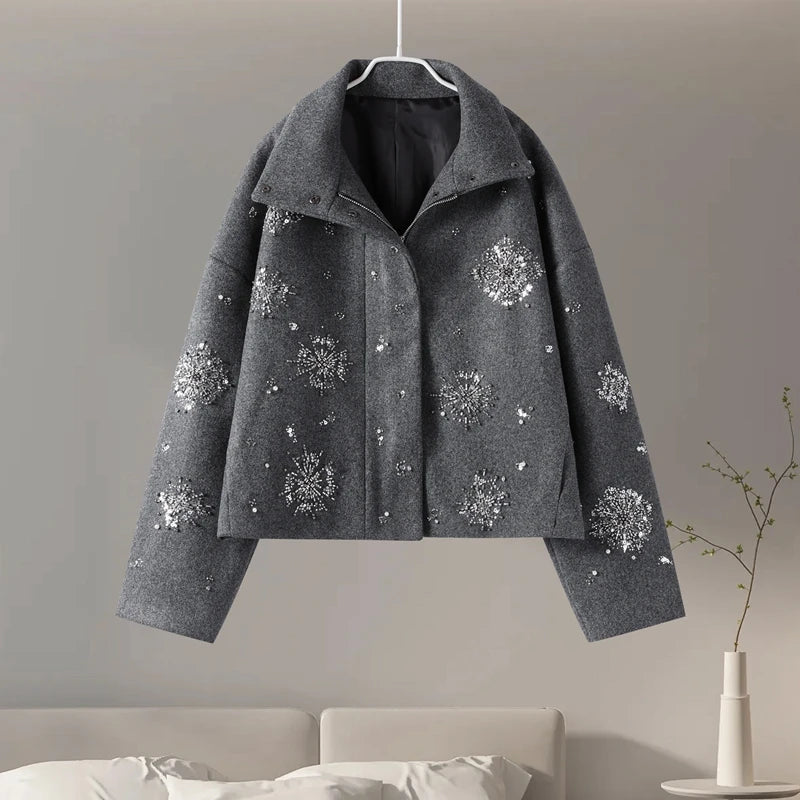 Casual Embroidery Beading Loose Women Coat Lapel Collar Bat Sleeve Solid Wool Blend Jacket Lady Luxury Outerwear