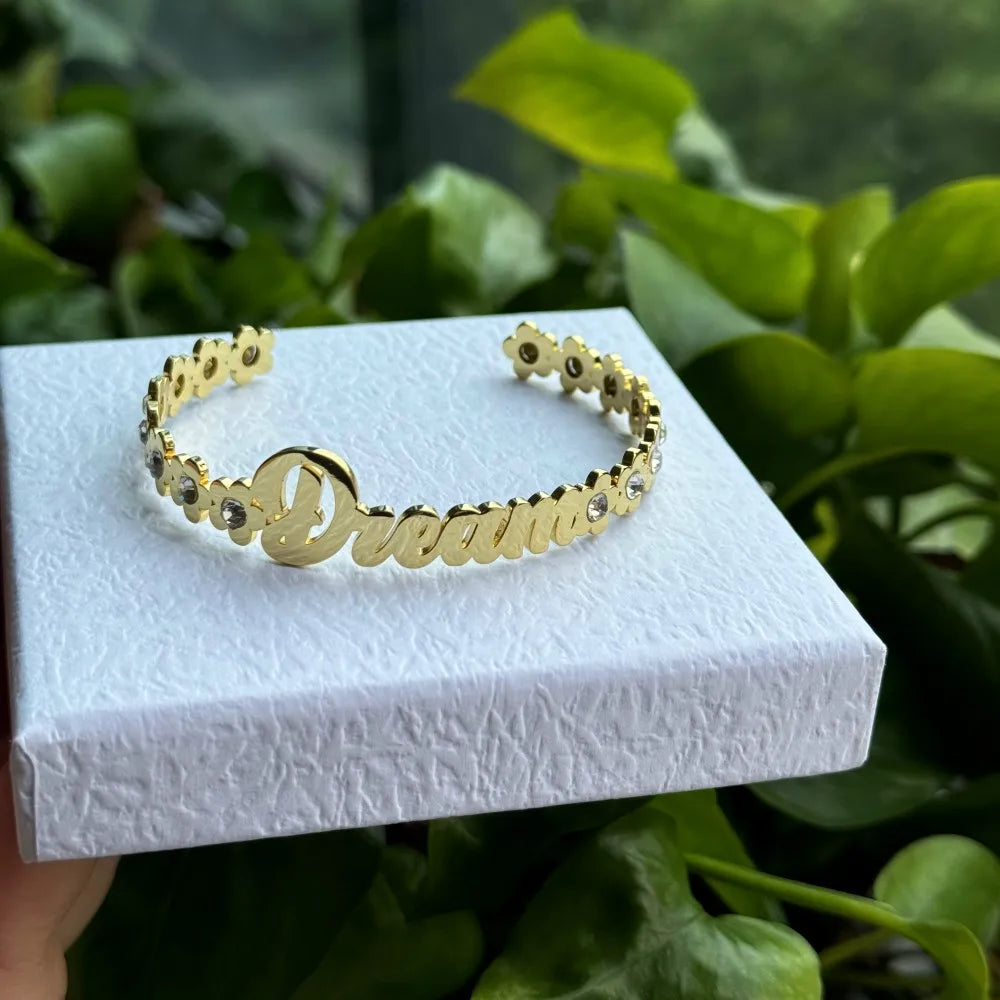 Custom Name Floral Set Birthstone Nameplate Necklace Zircon Bangles Flower Customized Letter Hoop Earrings