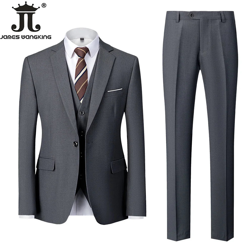 Jacket + Vest + Pants  Boutique Solid Color Men's Official Business Suit Bride's Wedding Dress Party Male Suit